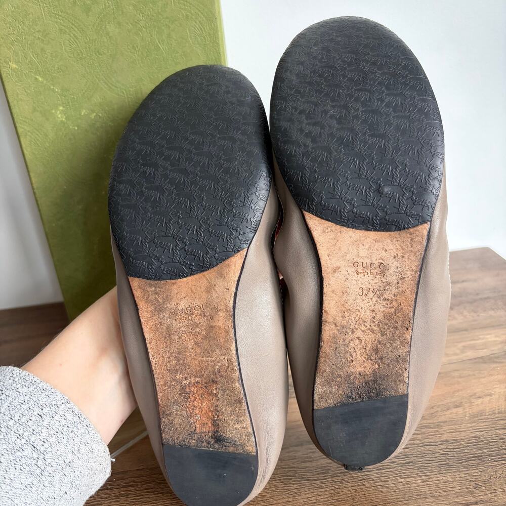 GUCCI Ballerina GG Bow 7.5 Black Tan Leather Flats 37.5 Women's Ballet Box Shoes - Picture 7 of 10
